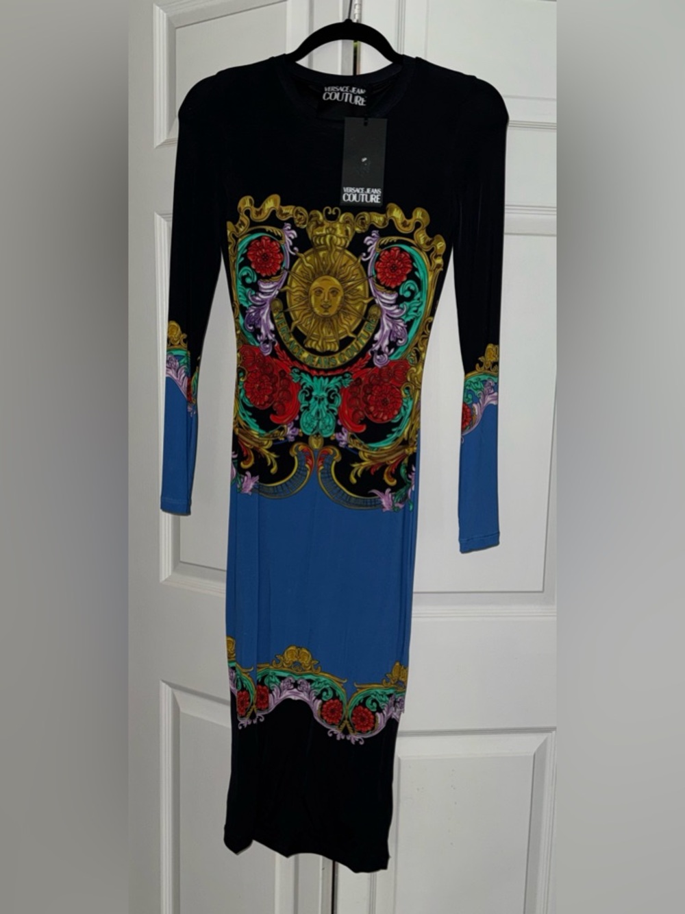 Versace Jeans Couture Blue & Black Baroque Print Long Sleeve Dress